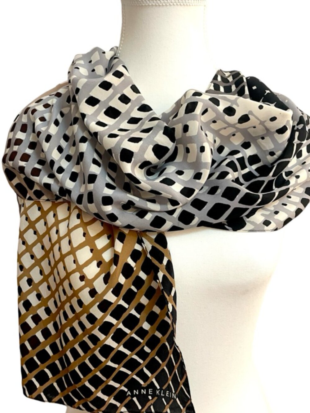 Anne Klein Black Gray & Camel Geometric 100% Silk Long Scarf